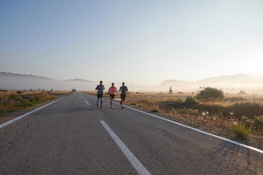 A group of friends, athletes, and joggers embrace the early morning hours as they run through the misty dawn, energized by the rising sun and surrounded by the tranquil beauty of nature photo