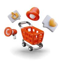 Red shopping cart, megaphone, bell, heart comment, thumbs up gesture vector