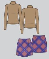 Women's clothing look. Turtleneck and checkered skirt colored sketch vector