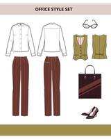 Fashionable clothes for the office. Woman's suit for office. Pants and blouse. vector