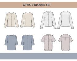 Office collection of blouses for woman. Basic set of technical sketches. vector