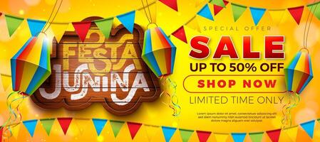 Festa Junina Sale Promotional Business Illustration with Paper Lantern, Party Flag and Vintage Wood Board on Yellow Background. Festa de Sao Joao Special Offer Illustration for Coupon, Voucher vector