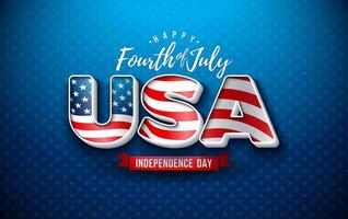 4th of July Independence Day of the USA Illustration with American Flag in 3d Lettering on Blue Background. Fourth of July National Celebration Design for Banner, Greeting Card, Invitation or vector