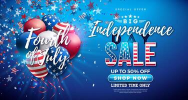 Fourth of July Independence Day Sale Banner Design with American Flag Pattern Party Balloon and Falling Confetti on Blue Background. USA National Holiday Illustration with Special Offer for vector