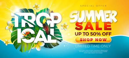 Summer Sale Design with Palm Leaves and Toucan Bird on Sun Yellow Background. Tropical Business Illustration with Special Offer Typography for Coupon, Voucher, Banner, Flyer, Promotional Poster vector