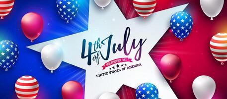 4to de julio independencia día de el Estados Unidos ilustración con americano bandera modelo fiesta globo y estrella forma en azul y rojo antecedentes. cuarto de julio nacional celebracion diseño con vector