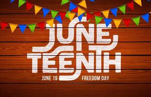 Juneteenth Freedom Day Design. African American June 19 Independence Day. Annual American Emancipation Holiday Illustration with Typography Lettering and Flag on Vintage Wood Background for vector