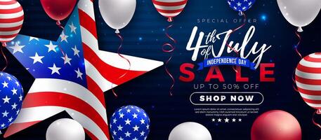 Fourth of July Independence Day Sale Banner Design with American Flag in Star Symbol and Party Balloon on Blue Background. 4th of July USA National Holiday Illustration with Special Offer vector