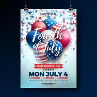 Independence Day of the USA Party Flyer Design with American Flag Pattern Party Balloon and Falling Confetti. Fourth of July Design on Light Background for Celebration Banner, Greeting Card vector