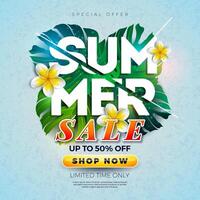 Summer Sale Design with Flower, Beach Holiday Elements and Exotic Leaves on Blue Background. Tropical Floral Illustration with Special Offer Typography for Coupon, Voucher, Banner, Flyer vector