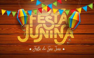 festa junina ilustración con fiesta banderas y papel linterna en Clásico madera antecedentes. Brasil junio tradicional fiesta festival diseño para celebracion bandera, saludo tarjeta, invitación o vector