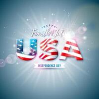 4th of July Independence Day of the USA Illustration with American Flag Pattern 3d Lettering on Shiny Light Background. Fourth of July National Celebration Design for Banner, Greeting Card vector