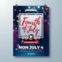 Independence Day of the USA Party Flyer Design with American Flag Pattern Party Balloon and Falling Confetti. Fourth of July Design on Dark Background for Celebration Banner, Greeting Card vector