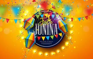 festa junina celebracion bandera ilustración con papel linterna, fiesta banderas y ligero bulbo cartelera en amarillo antecedentes. Brasil junio sao joao festival diseño para saludo tarjeta, invitación vector