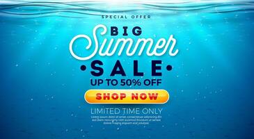 Big Summer Sale Design with Holiday Typography Letter and Sunrise on Underwater Blue Ocean Background. Seasonal Illustration for Coupon, Voucher, Banner, Flyer, Promotional Poster, Invitation vector