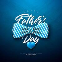 Happy Father's Day Greeting Card Design with Striped Bow Tie and Blue Heart on Dark Blue Background. Fathers Day Celebration Illustration for Best Dad. Template for Banner, Flyer or Poster. vector