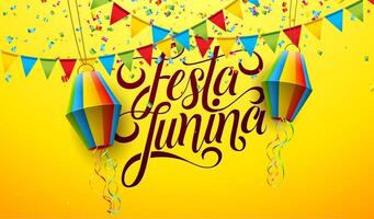 festa junina ilustración con fiesta banderas, papel linterna y tipografía letra en amarillo antecedentes. Brasil junio tradicional fiesta festival diseño para celebracion bandera, saludo tarjeta vector