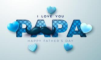 Happy Father's Day Greeting Card Design with Heart and Mustache on Light Background. Celebration Illustration with I Love You Papa Checkered Lettering. Template for Banner, Flyer or Poster. vector
