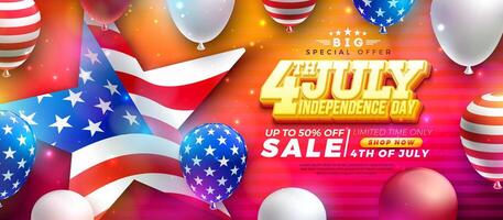 Fourth of July Independence Day Sale Banner Design with American Flag Pattern Party Balloon and Star Shape on Red Background. USA National Holiday Illustration with Special Offer for Coupon vector