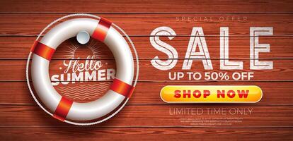 Summer Sale Design with Life Buoy and Typography Lettering on Vintage Wood Background. Tropical Floral Illustration with Special Offer for Coupon, Voucher, Banner, Flyer, Promotional Poster vector