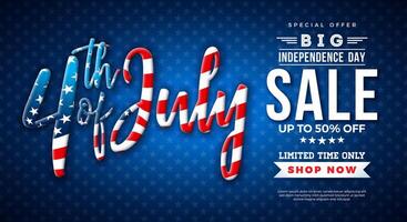 Fourth of July Independence Day Sale Banner Design with American Flag Pattern 3d Lettering on Blue Background. USA National Holiday Illustration with Special Offer Typography Elements for vector