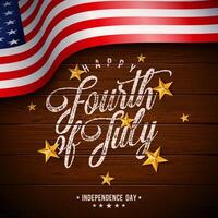 4to de julio independencia día de el Estados Unidos ilustración con americano bandera, oro estrella y tipografía letras en Clásico madera antecedentes. cuarto de julio nacional celebracion diseño con vector