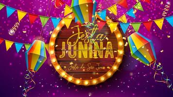 Festa Junina Illustration with Party Flags, Paper Lantern and Light Bulb Billboard Letter with Wood Background. Brazil Sao Joao June Festival Design for Greeting Card, Banner or Holiday Poster. vector