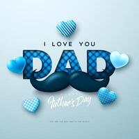 Happy Father's Day Greeting Card Design with Heart and Mustache on Light Background. Celebration Illustration with I Love You Dad Checkered Lettering. Template for Banner, Flyer or Poster. vector