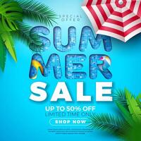 Summer Sale Poster Design Template with Exotic Palm Leaves and Beach Holiday Elements on Pool Background. Tropical Floral Illustration with Special Offer Typography for Coupon, Voucher, Banner vector