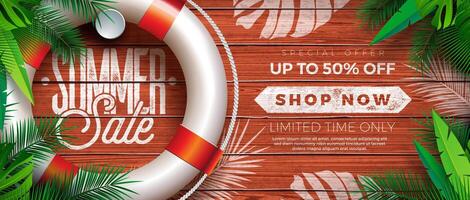 Summer Sale Design with Life Buoy, Palm Leaves and Typography Lettering on Vintage Wood Background. Tropical Floral Illustration with Special Offer for Coupon, Voucher, Banner, Flyer vector