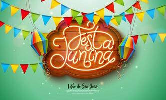 Festa Junina Banner Illustration with Party Flags and Paper Lantern and Glowing Neon Light Letter on Light Green Background. Brazil June Sao Joao Festival Design with Typography on Vintage Wood vector
