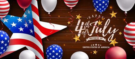 4to de julio independencia día de el Estados Unidos ilustración con americano bandera modelo estrella y fiesta globo en Clásico madera antecedentes. cuarto de julio nacional celebracion diseño con tipografía vector