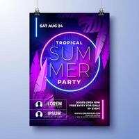 Summer Party Flyer Design Template with Glowing Neon Light on Fluorescent Tropic Leaves Background. Summer Celebration Holiday Illustration for Banner, Flyer, Invitation or Celebration Poster. vector