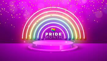 Pride Month LGBTQ Illustration with Glowing Rainbow Neon Light and Podium on Falling Confetti Background. Be Kind LGBT Event Banner Design for Postcard, Banner, Greeting Card, Flyer, Invitation vector