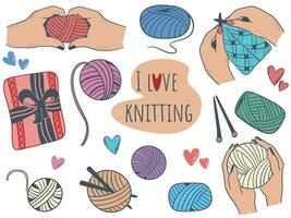 Hand knitting kit, knitting needles, yarn, hands knitting scarf vector