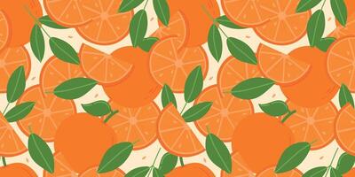 Bright pattern with fresh oranges, leaves and seeds for fabric, drawing labels, wallpaper, fruit background. Slices of oranges background. Tropical seamless pattern vector