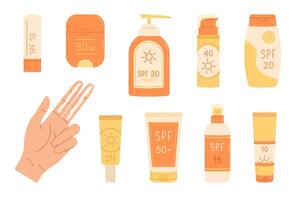 Sunscreen bottles and tubes set. SPF cream, lotion, spray and lip balm. Hand with SPF on two fingers. Flat illustration vector