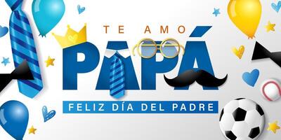 Spanish congrats for Father's day with 3D elements. Web banner. Holiday decoration. vector