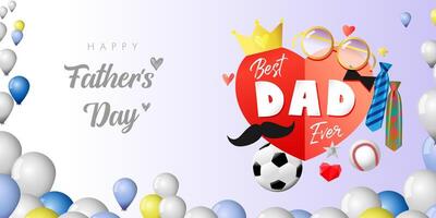 Happy father's day colorful banner with 3D paper heard and balloons. Square postcard cover vector