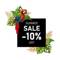 Square discount banner with parrot and tropical plants in flat style. Tropical bird, tropical plants. Advertising banner for trade, shopping center. Discounts, summer sale. vector