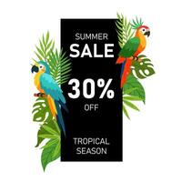 Vertical discount banner with parrot and tropical plants in flat style. Tropical bird, tropical plants. Advertising banner for trade, shopping center. Discounts, summer sale, discount coupon. vector