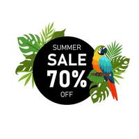 Round discount banner with parrot and tropical plants in flat style. Tropical bird, tropical plants. Advertising banner for trade, shopping center. Discounts, summer sale. vector