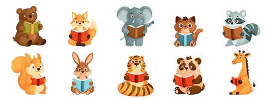 adorable dibujos animados animales leyendo libros. linda ilustraciones de oso, zorro, elefante, mapache, y más comprometido en lectura. Perfecto para educativo materiales, para niños libros, y literatura campañas vector