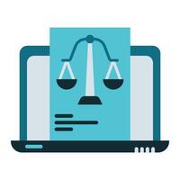 laptop and justice scale icon, judge and court tools icon vector