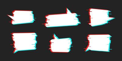 Set of white speech bubbles with retro glitch effect on a textured background. Broken pixels, banner template with empty space for text. Neon vibrant colors. vector