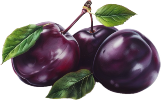 Fresh Purple Plums with Green Leaves. png