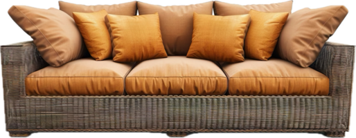 Korbweide Sofa mit Kissen und neutral Stoff. png