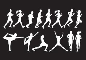 activo personas corriendo ejercicio plano estilo. blanco silueta aislado objeto en oscuro antecedentes. vector