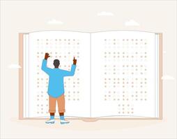 World Braille Day on 4th of January. Blind man learning and reading vector