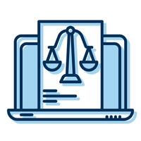 laptop and justice scale icon, judge and court tools icon vector